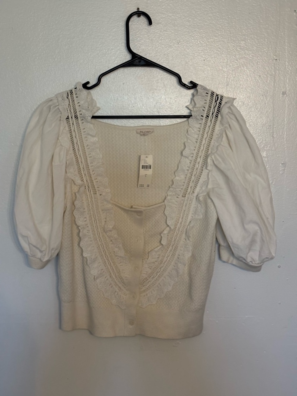 Pilco Cream Lace-Trim Puff Sleeve cardigan top